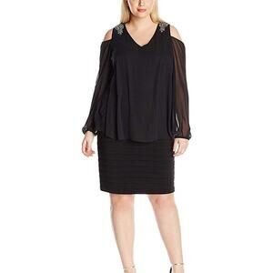 Betsy & Adam Black Cocktail Dress Sheer Sleeve Cold Shoulder Chiffon 4 NWT